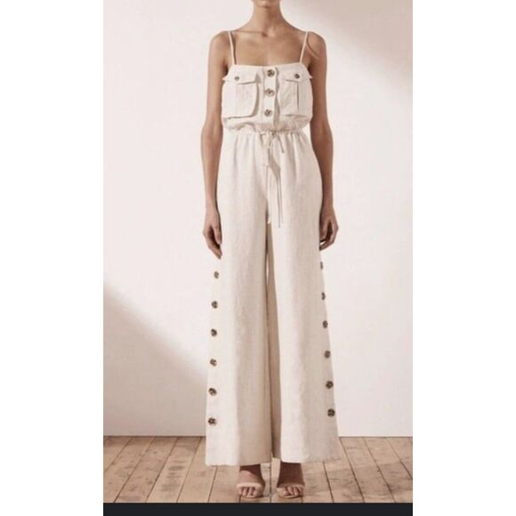 SHONA JOY Sz 10 Aluaro Safari Drawstring Jumpsuit Linen $340 Pilazzo Wide Leg - Picture 1 of 13
